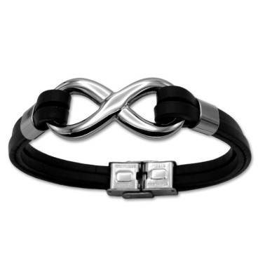 Pulsera de acero con forma de infinito en relieve y cuero doble