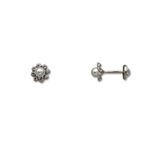 Pendiente de plata flor centro perlita con circonitas