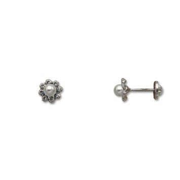 Pendiente de plata de ley flor centro perlas con circonitas