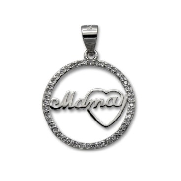 Colgante en plata de 1ªLey redondo mamá con corazon y con circonitas