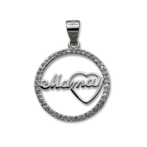 Colgante en plata de 1ªLey redondo mamá con corazon y con circonitas