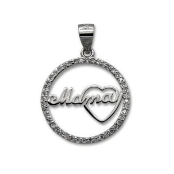 Colgante en plata de 1ªLey redondo mamá con corazon y con circonitas