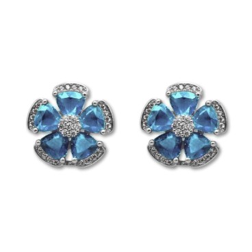 Pendiente en plata de 1ªLey flor con circonitas azules y blancas omega