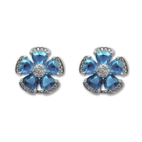 Pendiente en plata de 1ªLey flor con circonitas azules y blancas omega