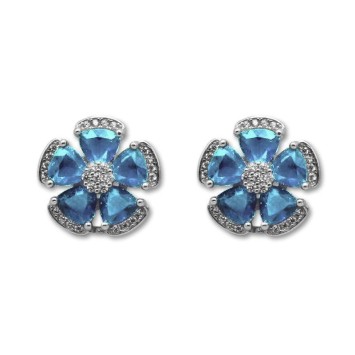 Pendiente en plata de 1ªLey flor con circonitas azules y blancas omega