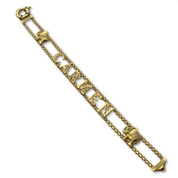 Preciosa pulsera en oro de 1ªley 18k con nombre Carmen y dos elefantes