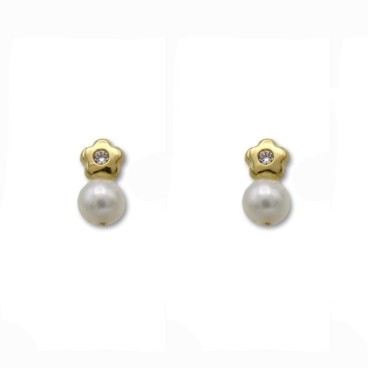 Pendientes de oro de 1ª Ley con perla cultivada y flor con circonita