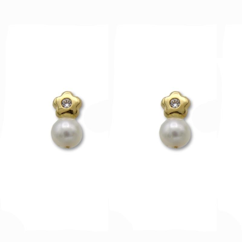 Pendiente de oro flor con circonita y perla de 4 mm Pendiente de oro flor con circonita y perla de 4 mm