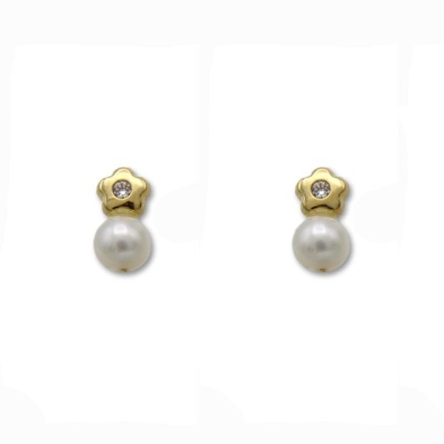 Pendientes de oro de 1ª Ley con perla cultivada y flor con circonita