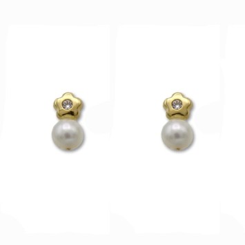 Pendientes de oro de 1ª Ley con perla cultivada y flor con circonita