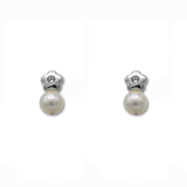 Pendientes de oro blanco de 1ª Ley con perla cultivada y flor con circonita
