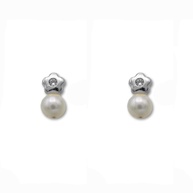 Pendiente de oro blanco flor con circonita y perla de 4 mm Pendiente de oro blanco flor con circonita y perla de 4 mm