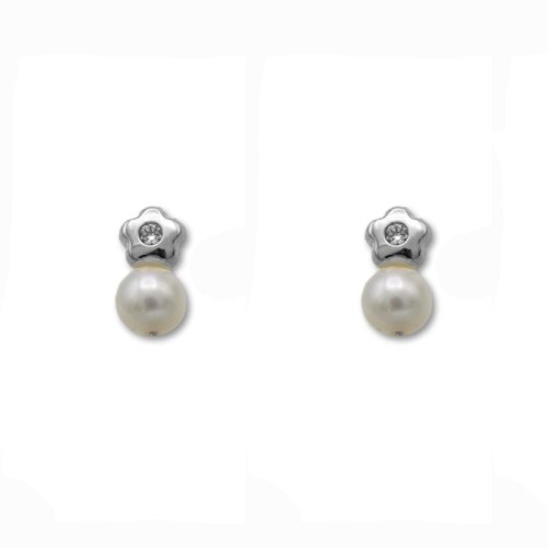 Pendientes de oro blanco de 1ª Ley con perla cultivada y flor con circonita