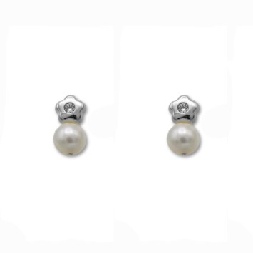 Pendientes de oro blanco de 1ª Ley con perla cultivada y flor con circonita