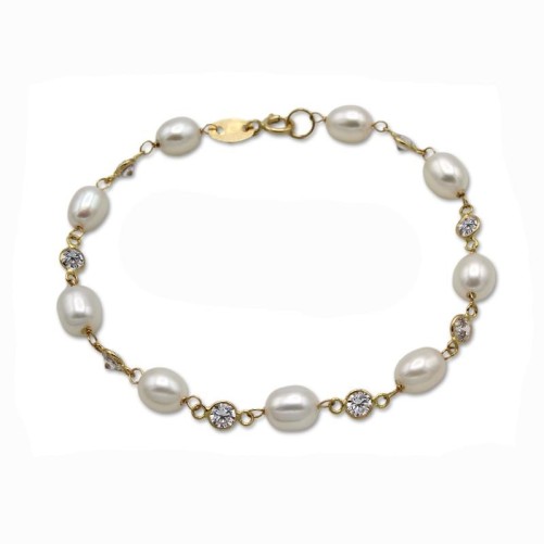 Pulsera de oro 18k preciosa con perlas y circonitas intercaladas,