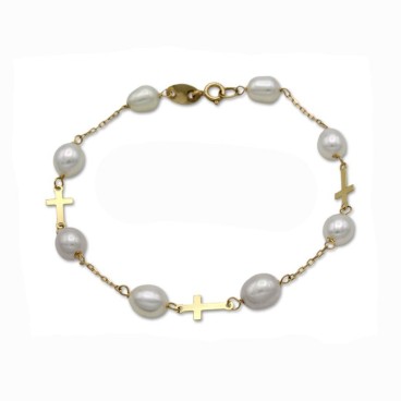 Pulsera de oro 18k preciosa con perlas y cruces intercaladas.
