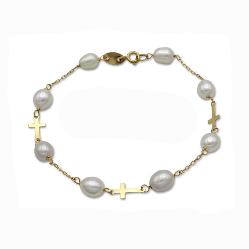 Pulsera de oro 18K con perlas y cruces