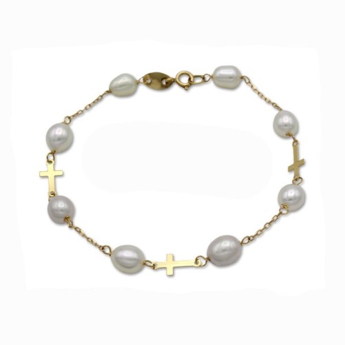 Pulsera de oro 18k preciosa con perlas y cruces intercaladas.