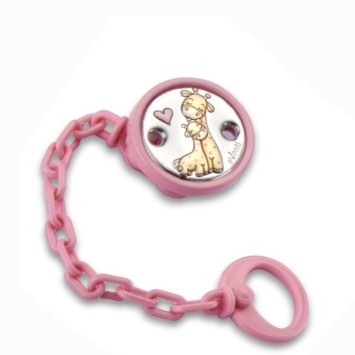 Preciosa pinza de chupete en plata laminada de una jirafa rosa