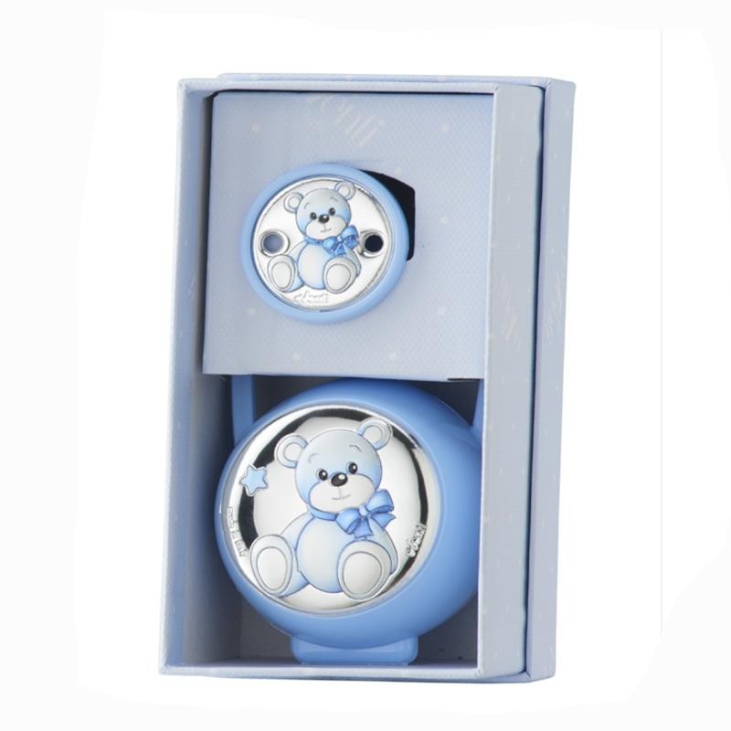 Set de pinza y guarda chupete oso celeste de plata laminada Set de pinza y guarda chupete oso celeste de plata laminada