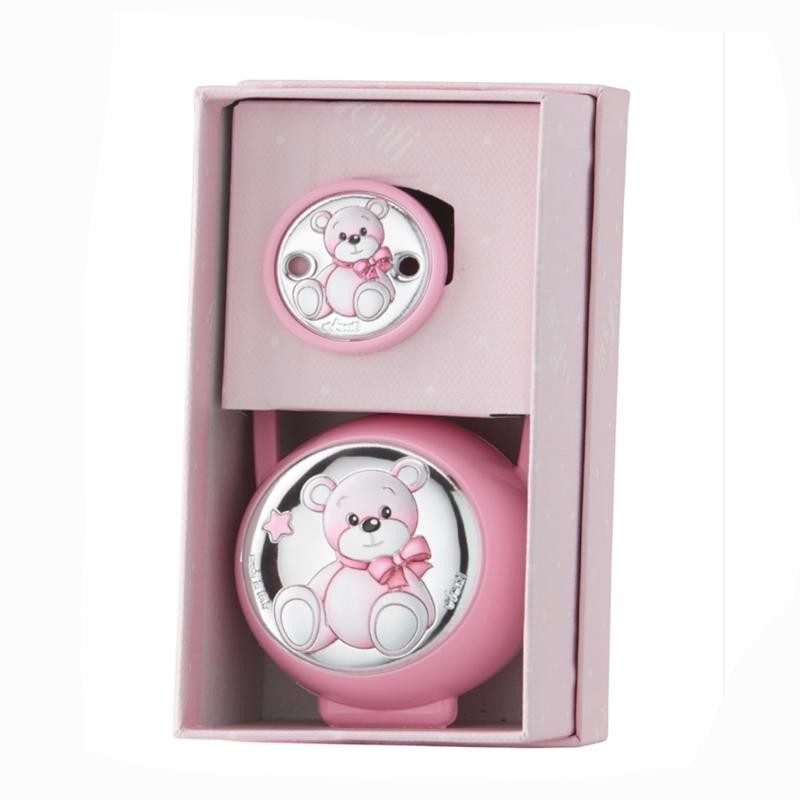 Set de pinza y guarda chupete oso rosa de plata laminada