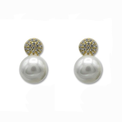 Pendiente de plata chapado en oro con perla, circonitas y cierre omega