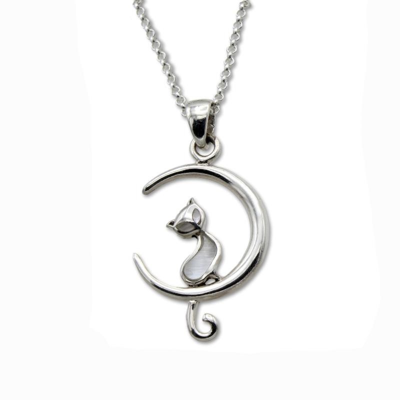 Colgante de plata con cadena de luna y gato con nacar