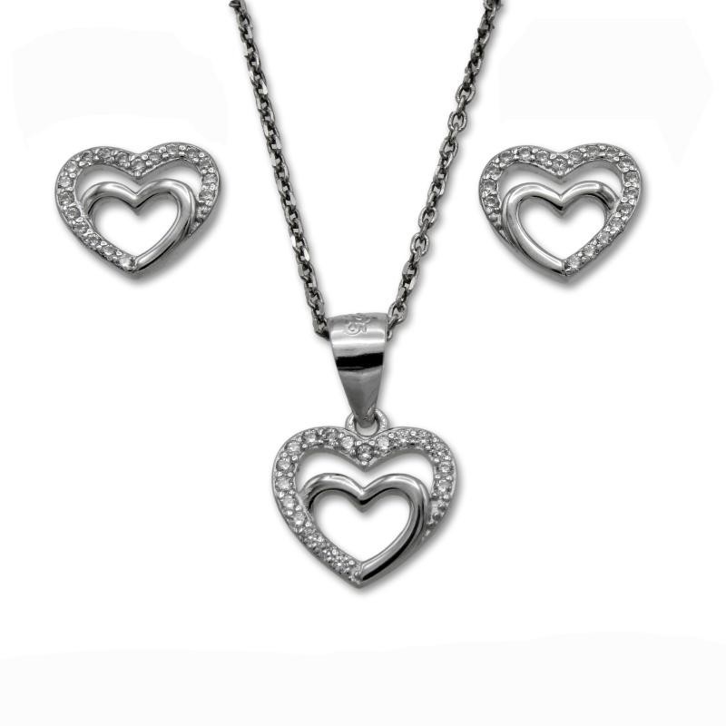 Conjunto de plata con corazones y circonitas