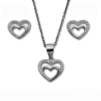 Conjunto en plata de ley corazones pendiente y colgante con cadena