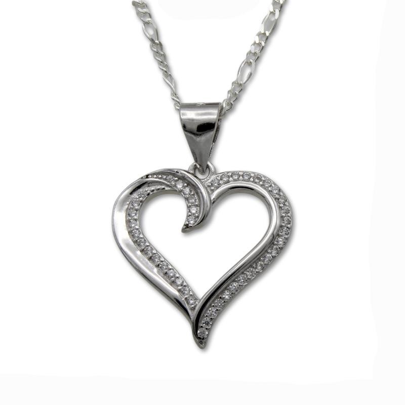 Colgante de plata de corazón con circonitas y cadena
