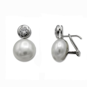 Pendientes de oro blanco 18k con perla y circonita omega, ideal novias