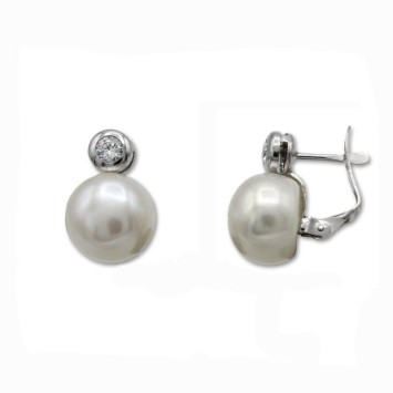 Pendientes de oro blanco 18k con perla y circonita cierre catalan
