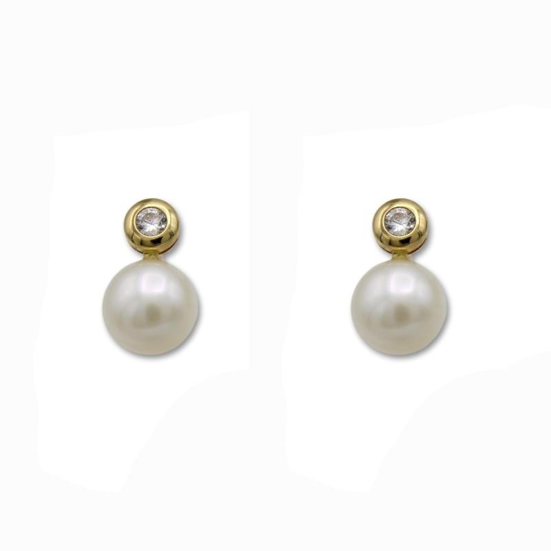 Pendientes oro con perla y circonita chaton presión Pendientes oro con perla y circonita chaton presión