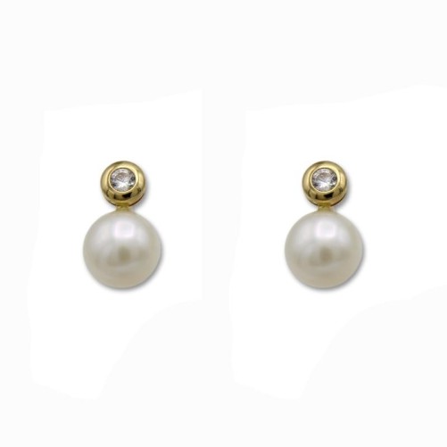 Pendientes oro con perla y circonita chaton presión