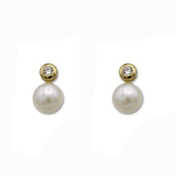 Pendientes de oro de 18k con perla y circonita, ideal comunión
