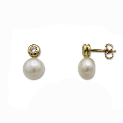 Pendientes oro con perla y circonita chaton presión