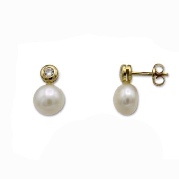 Pendientes de oro de 18k con perla y circonita, ideal comunión
