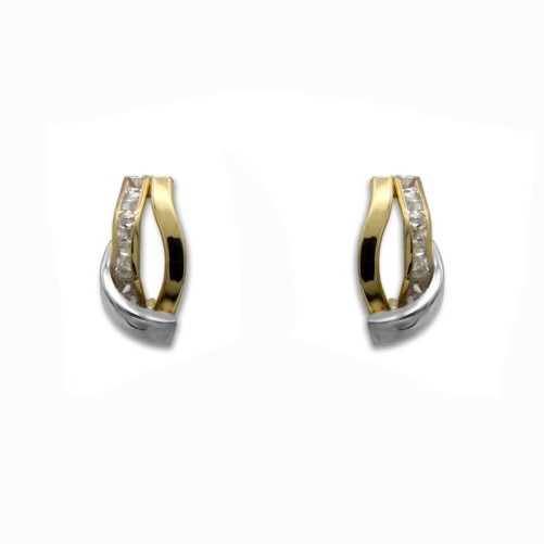 Pendiente de oro bicolor bandas con circonitas