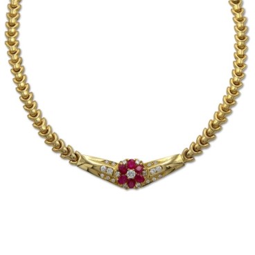 Preciosa gargantilla de mujer en oro de 18k con circonitas y rubís