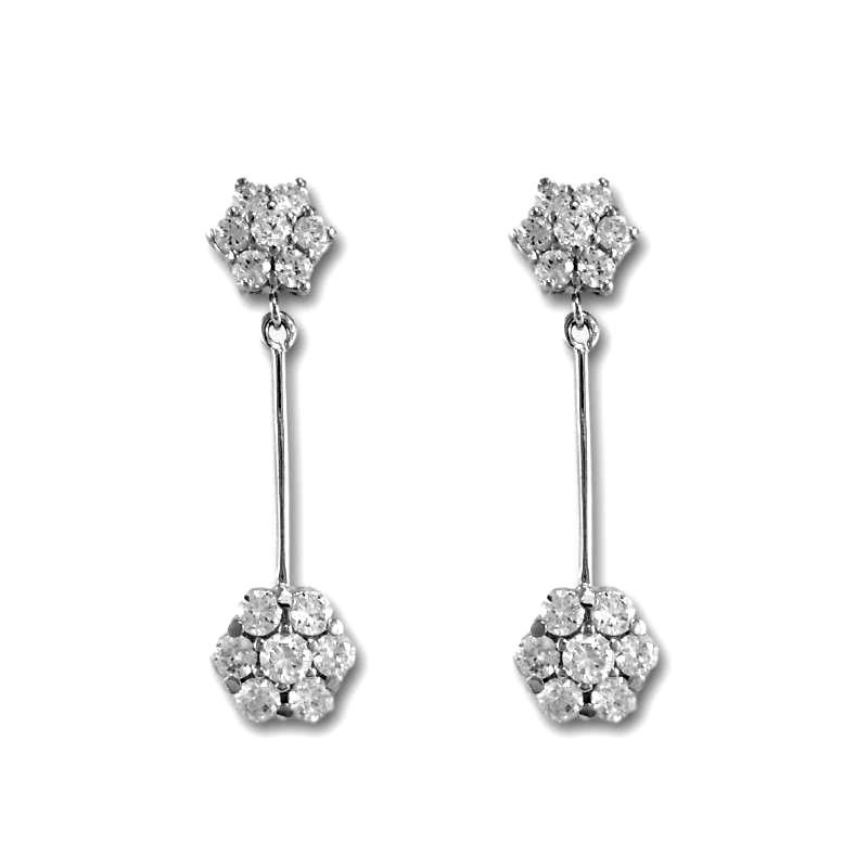 Pendiente largos con dos flores de oro blanco y circonitas