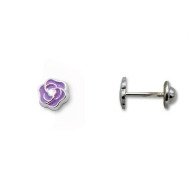Pendiente de plata con forma de rosa con esmalte lila