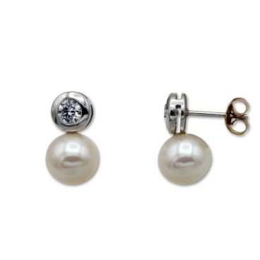 Pendientes oro blanco perla y circonita chaton
