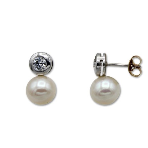 Pendientes oro blanco perla y circonita chaton