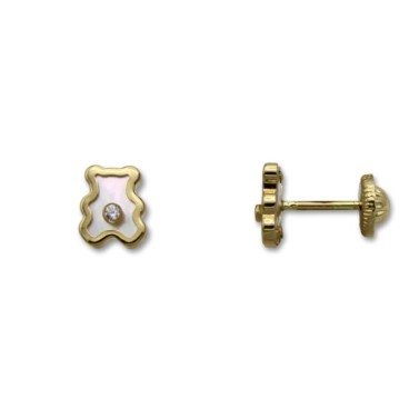 Pendiente de oro oso con circonita y nácar