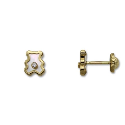 Pendiente de oro oso con circonita y nácar