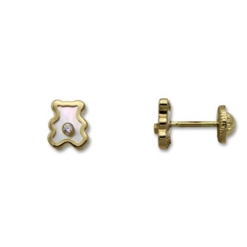 Pendiente de oro 18k con nácar forma de oso y una circonita central