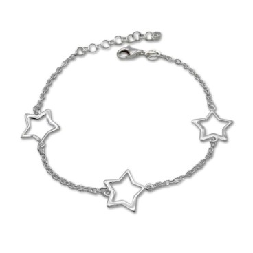Pulsera de plata de 1ª Ley maciza, tres estrellas con eslabón clásico