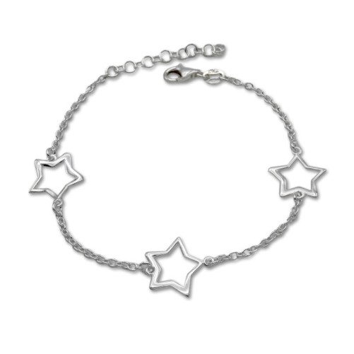 Pulsera de plata de 1ª Ley maciza, tres estrellas con eslabón clásico