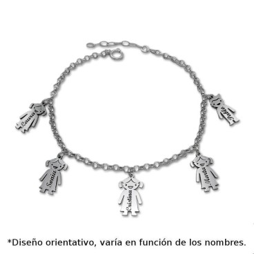 Pulsera en plata de ley de niños o niñas grabado. con cinco colgantes