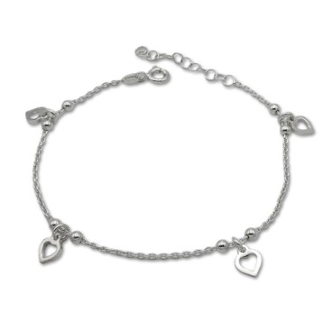 Pulsera de plata de 1ª Ley con cuatro corazones calados con eslabón clásico